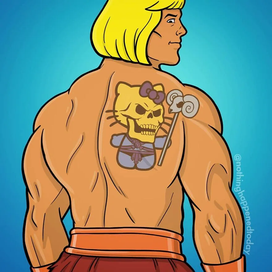 He-Man’s back tattoo of Skeletor wearing a Hello Kitty bow, art by Ed Harrington