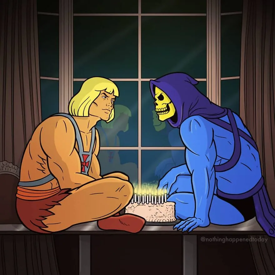 He-Man and Skeletor sit together by a window, art by Ed Harrington
