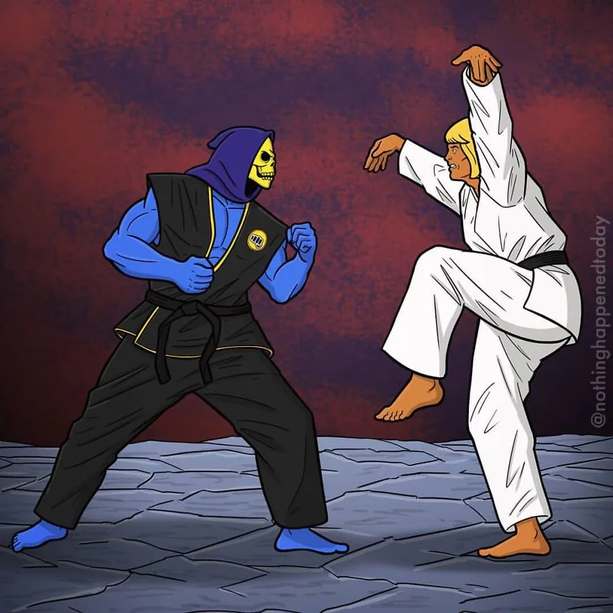 Skeletor teaches He-Man martial arts, art by Ed Harrington