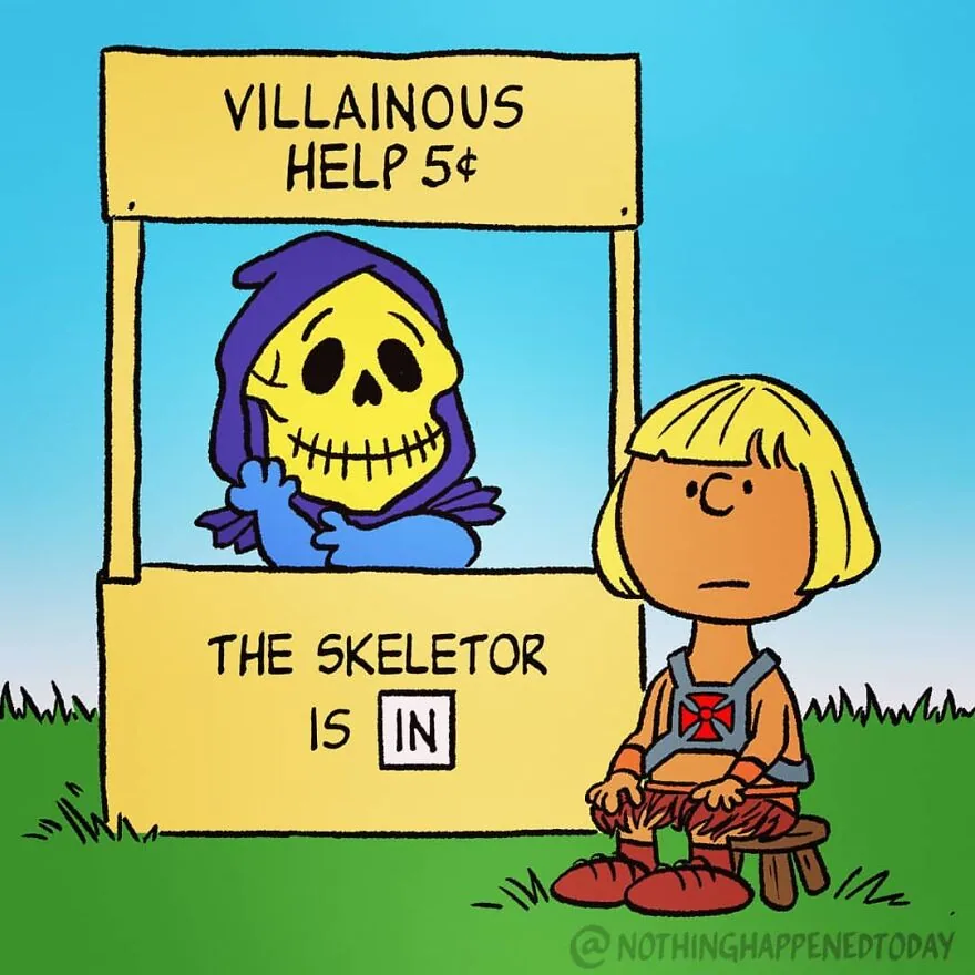 Skeletor in a Peanuts-style advice booth, art by Ed Harrington