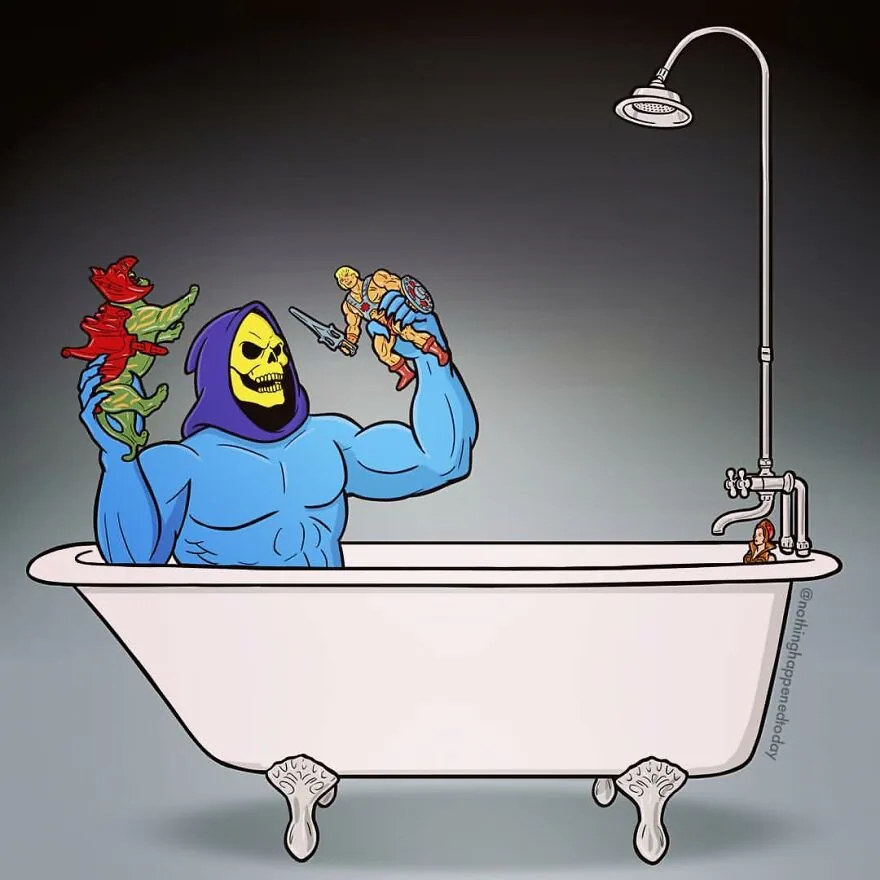 Skeletor relaxes in a bubble bath, art by Ed Harrington
