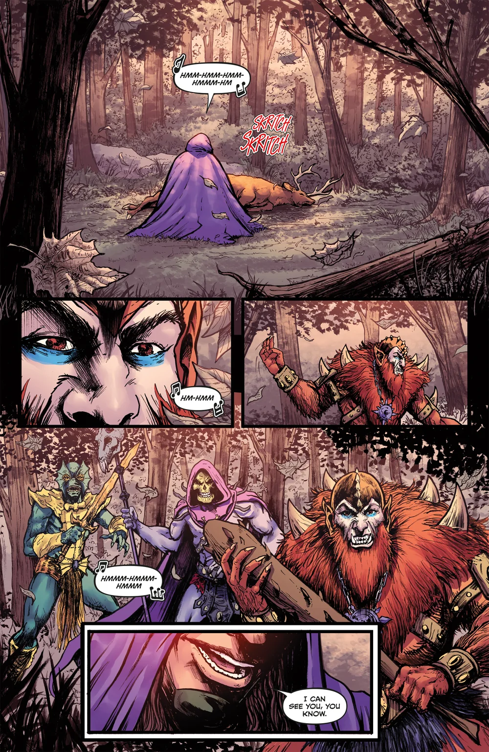 Genesis #2, first preview page. Skeletor, Beast Man and Mer-Man walk through an autumn forest past a dead stag while a hooded figure hums from cover.