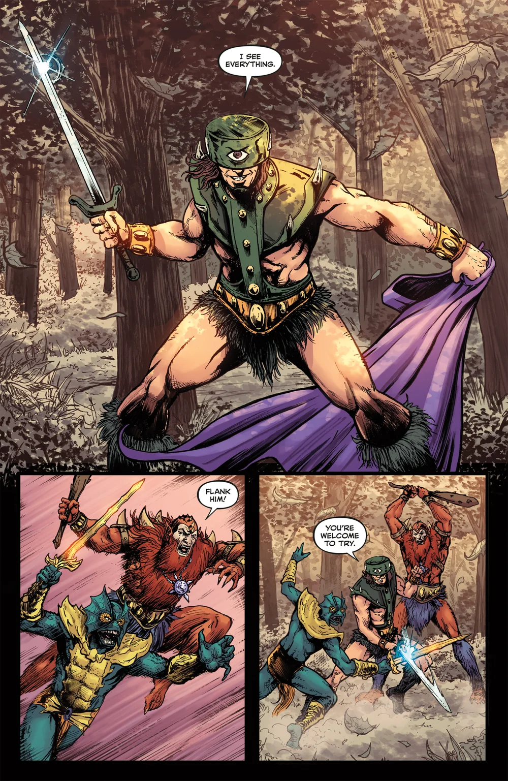 Genesis #2, second preview page. A one-eyed swordsman in a green tunic raises his sword and says I see everything, then fights off Beast Man and Mer-Man.