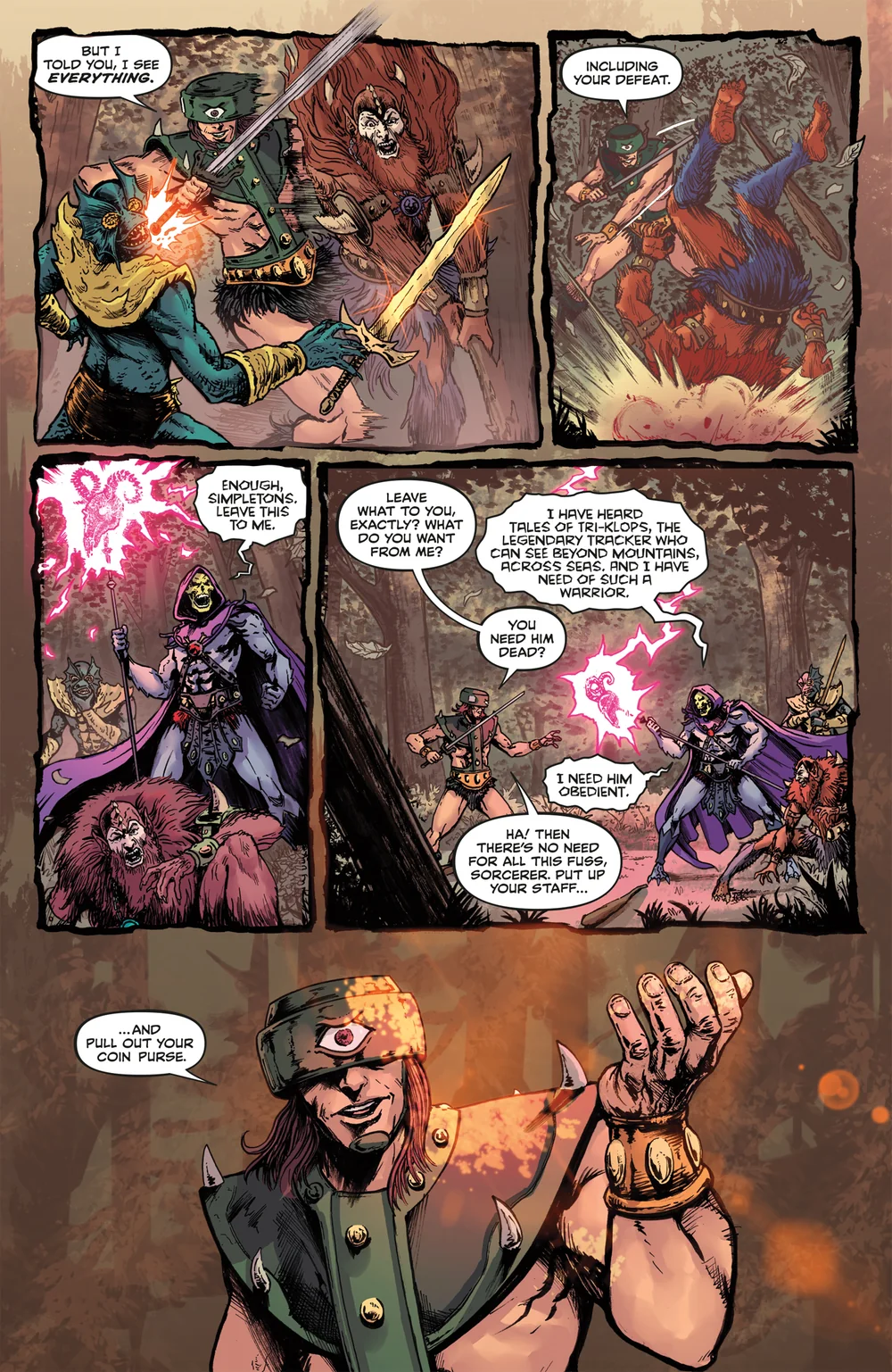 Genesis #2, third preview page. Skeletor calls off his warriors and offers Tri-Klops a place, and Tri-Klops asks him to put up his staff and pull out his coin purse.