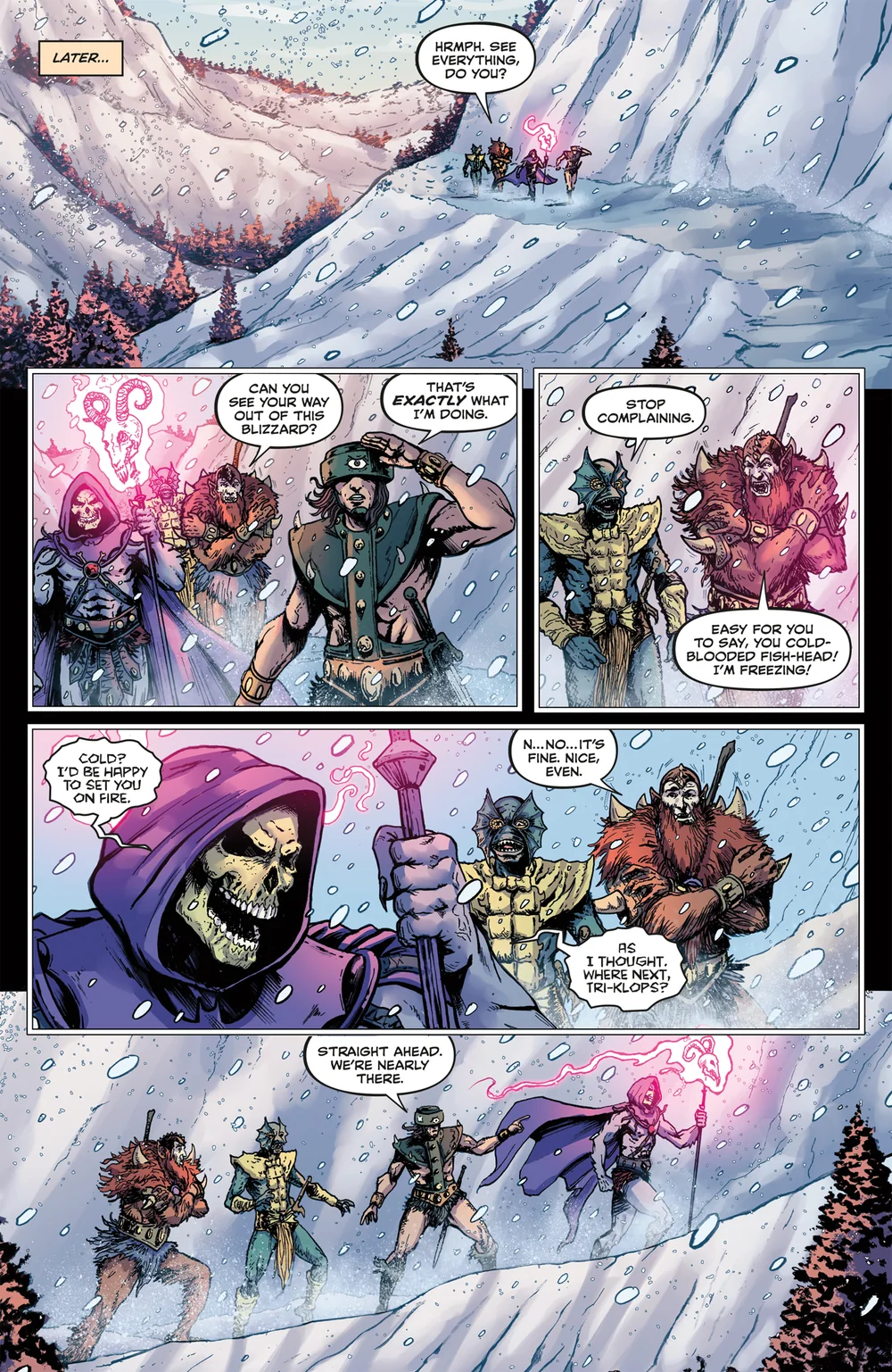 Genesis #2, fourth preview page. The party climbs through a blizzard, Beast Man complains of the cold and Skeletor offers to set him on fire.