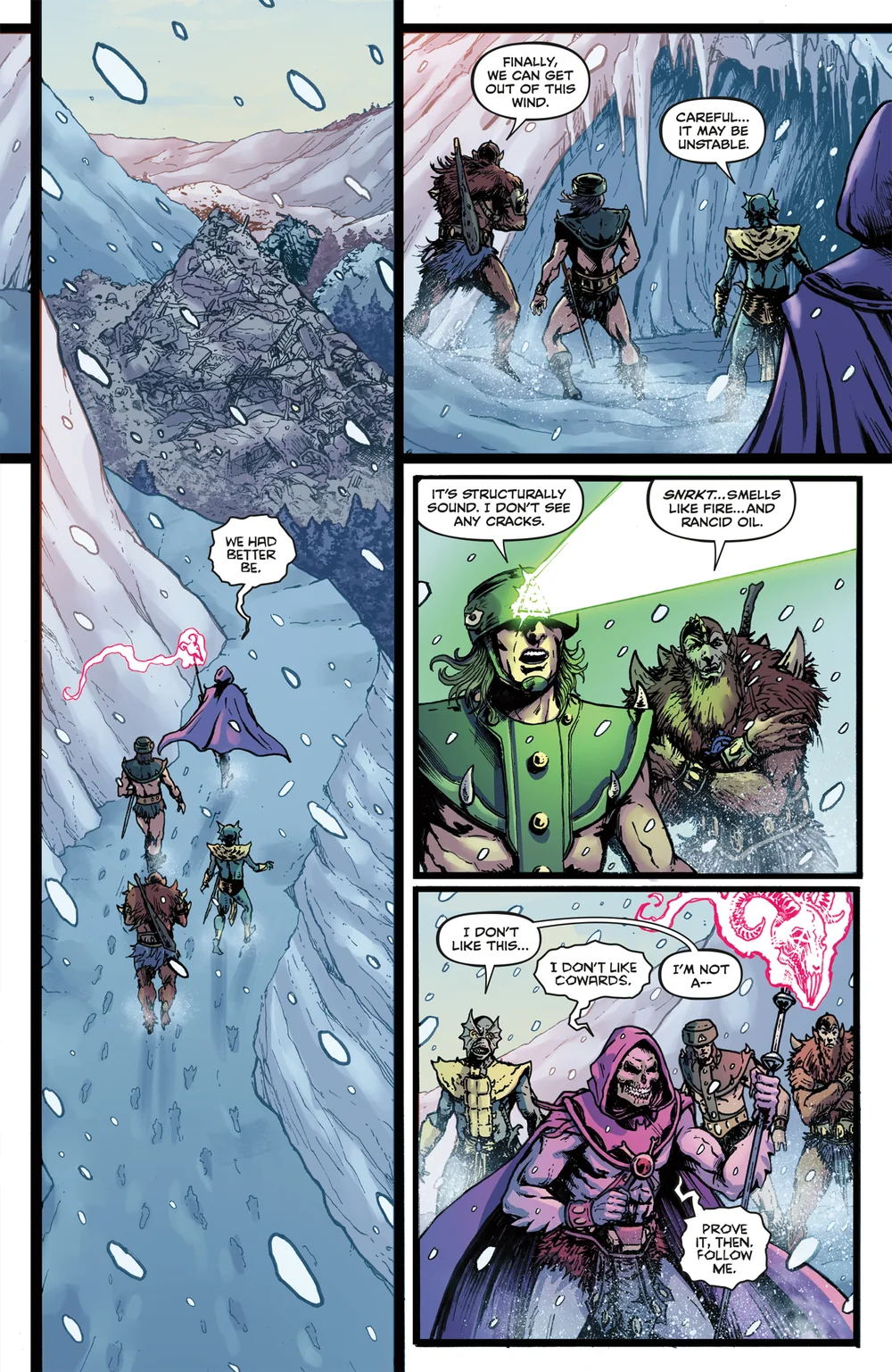 Genesis #2, fifth preview page. Tri-Klops scans an ice pass and reports it structurally sound with no cracks, and Beast Man sniffs and says it smells like fire and rancid oil.