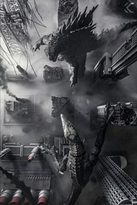 Black and white image of Godzilla and a winged kaiju destroying a city