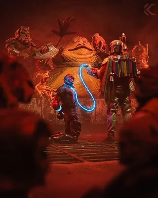 Jabba the Hutt court lit in deep red with Boba Fett and a glowing blue whip