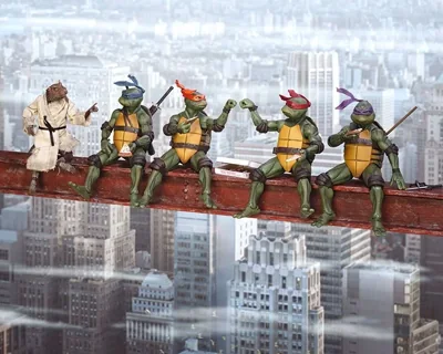 The four Teenage Mutant Ninja Turtles and Splinter on a girder above a city