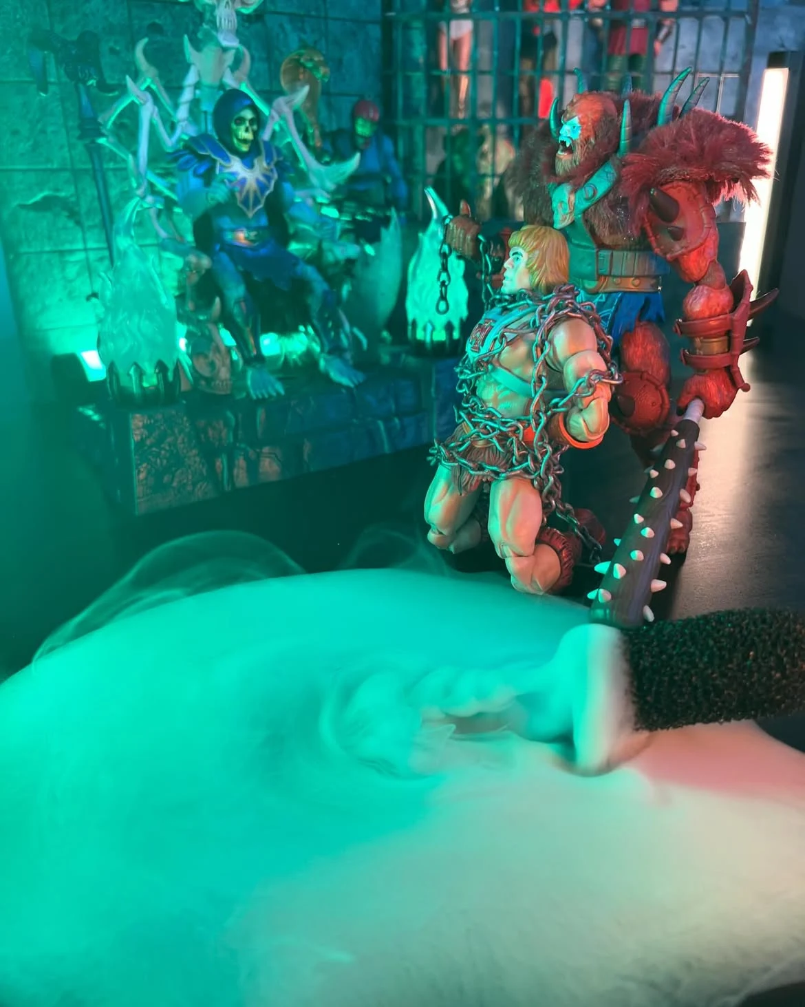 Wide view of the shoot showing the diorama on a rolling cart in a room