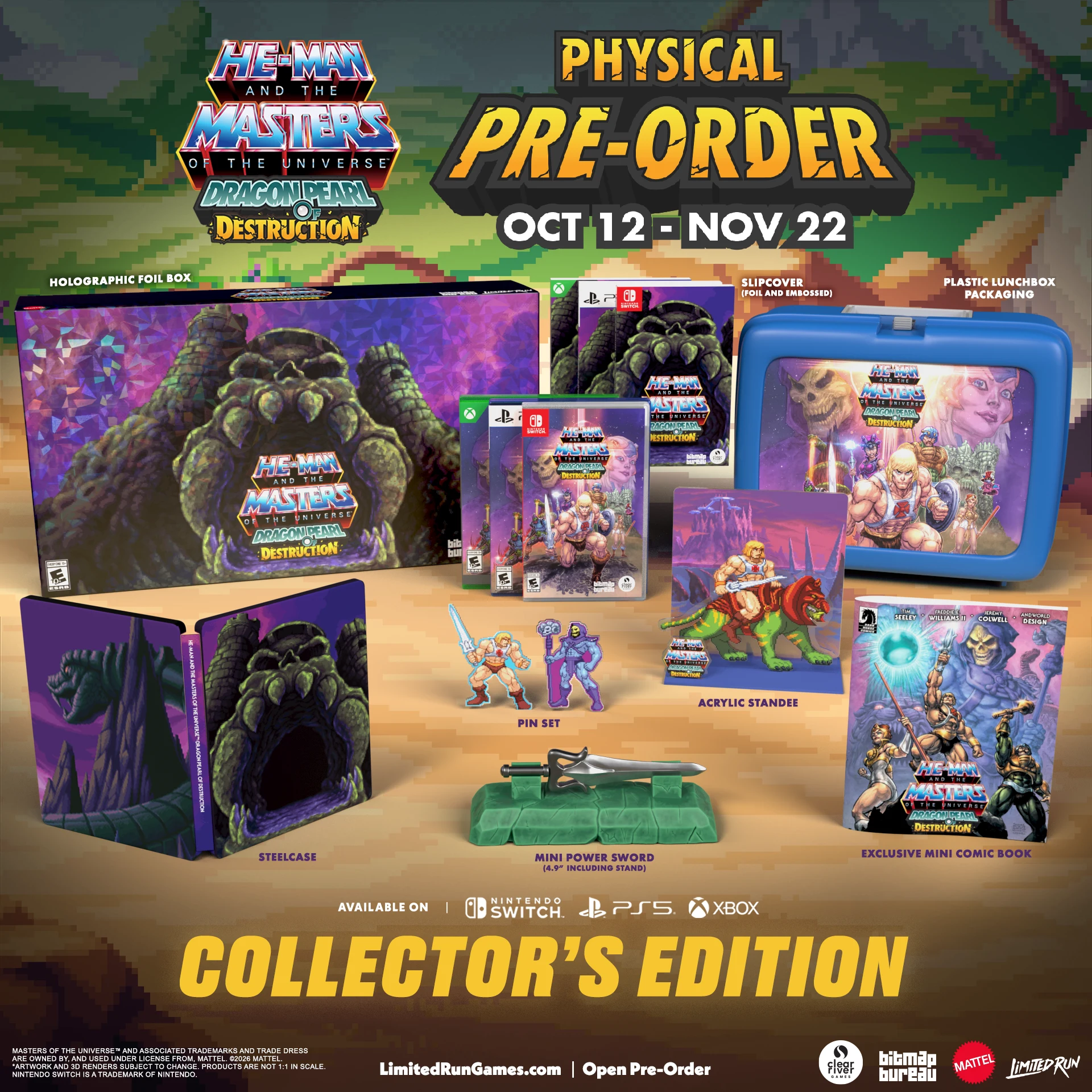 Limited Run Games Collector's Edition promotional graphic for Dragon Pearl of Destruction, showing the holographic foil box, steelcase, lunchbox, acrylic standee, pin set, mini Power Sword and mini comic, with the pre-order dates October 12 to November 22