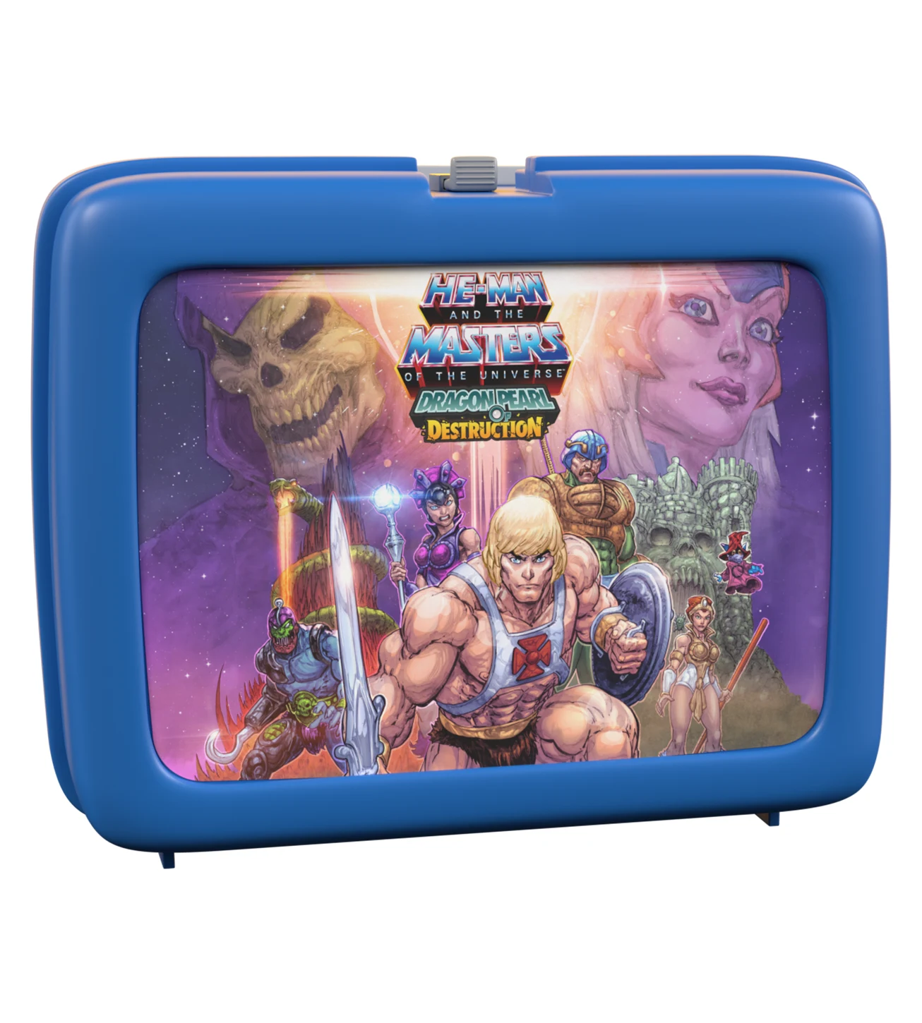 The blue plastic lunch box packaging with Dragon Pearl of Destruction key art showing He-Man, Skeletor, Evil-Lyn, Man-At-Arms, Teela and Orko