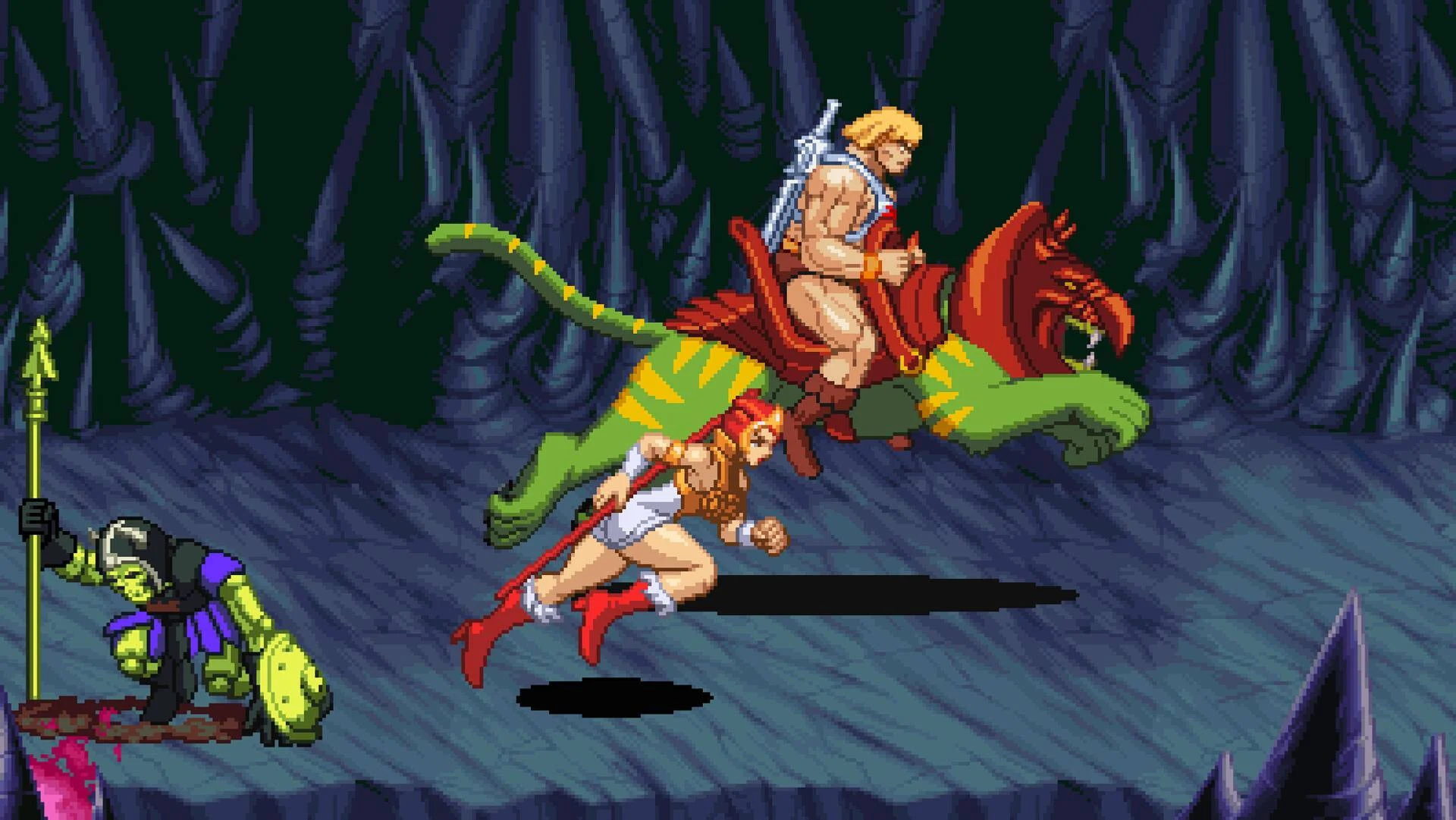 He-Man riding Battle Cat through a dark cave as Teela runs beneath them, pixel-art gameplay screenshot