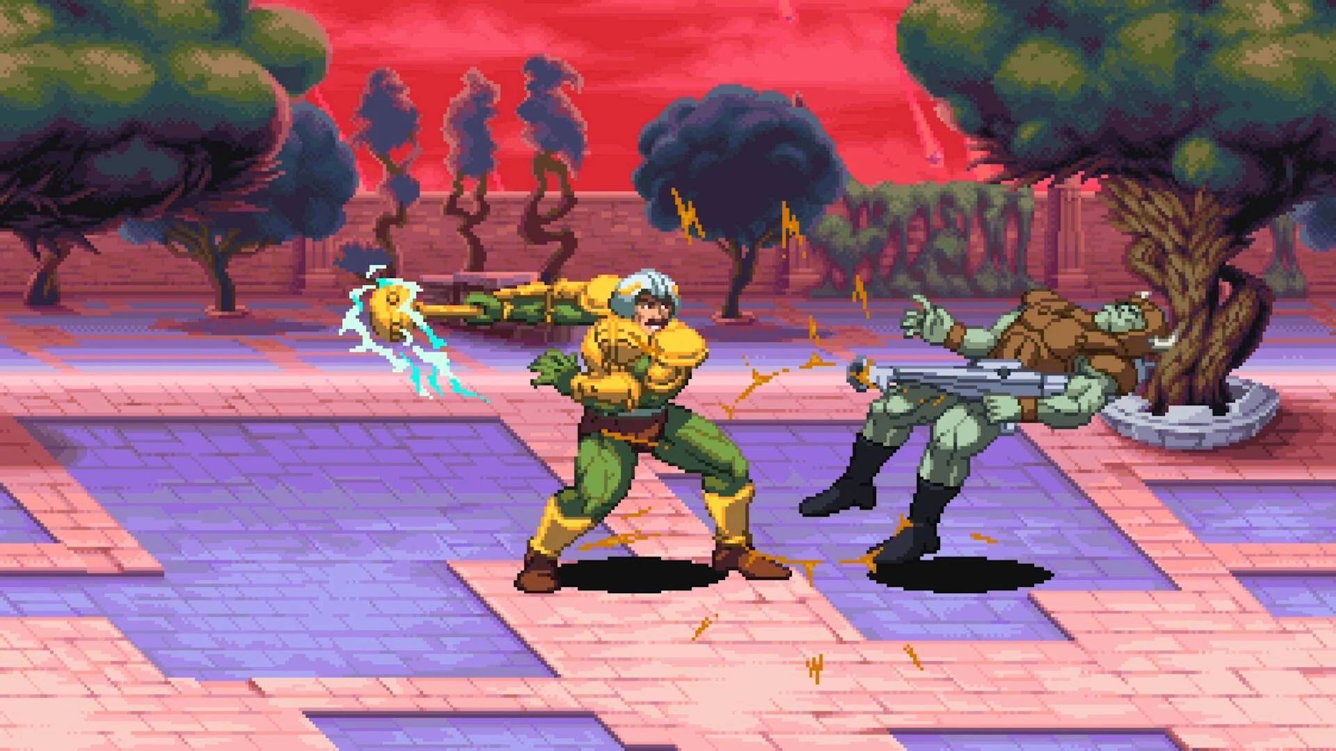 Man-At-Arms knocking a green-skinned enemy backwards in a paved courtyard under a red sky, pixel-art gameplay screenshot