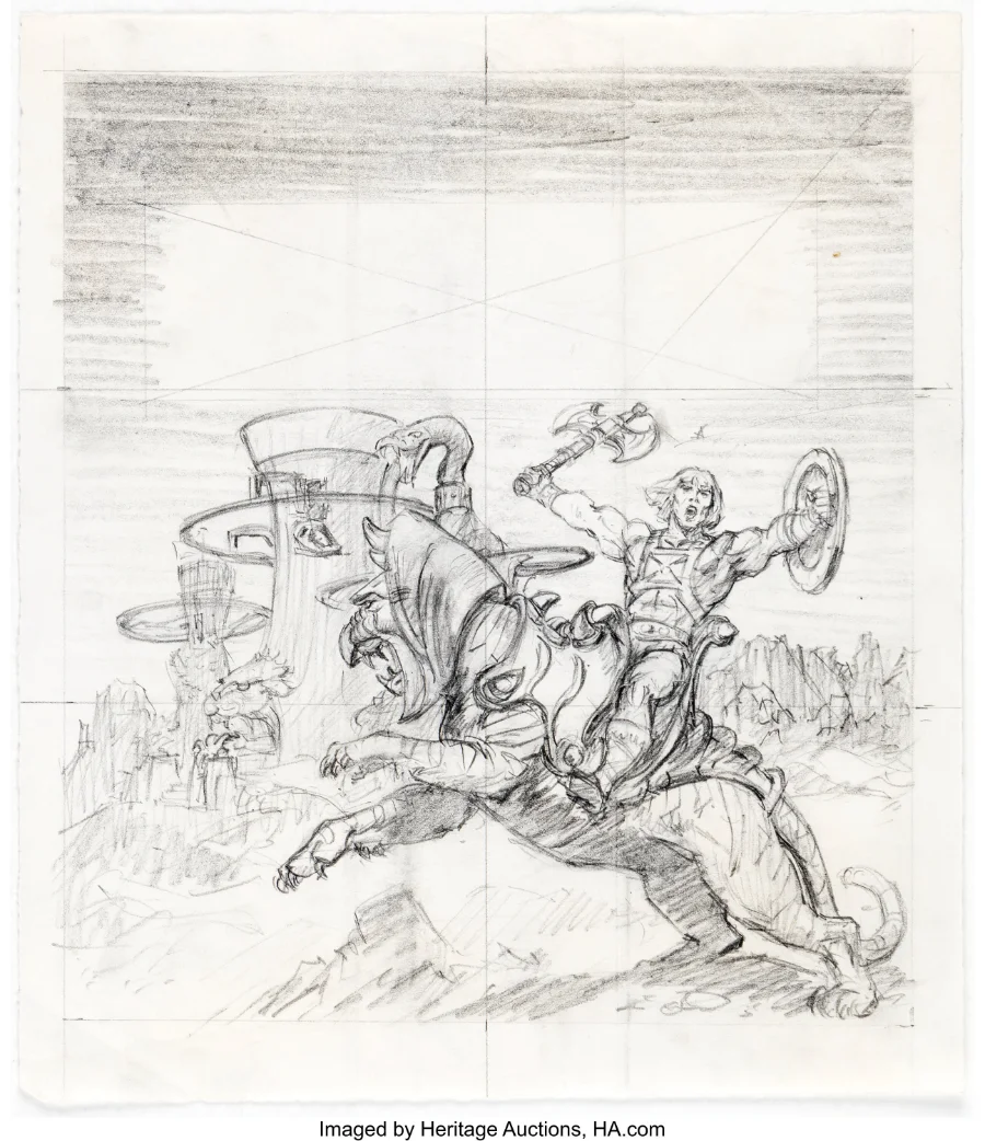 Earl Norem He-Man and Battlecat painting preliminary