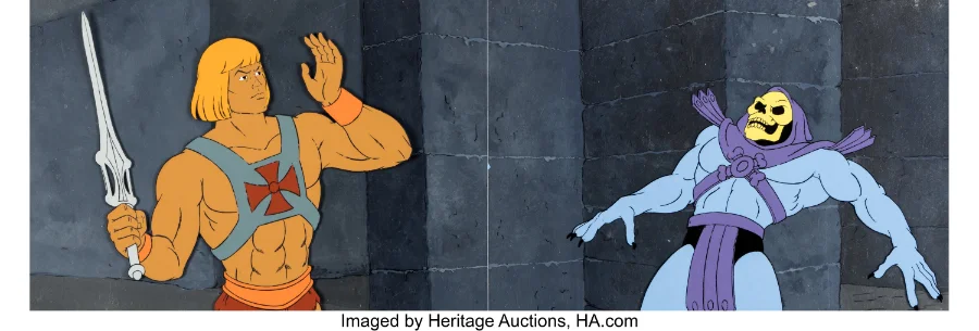 He-Man and Skeletor cel with She-Ra master background