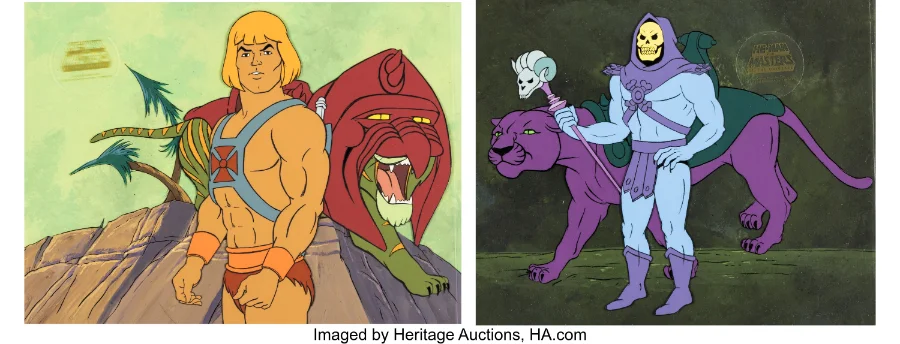 He-Man Battle Cat Skeletor Panthor production cel setup