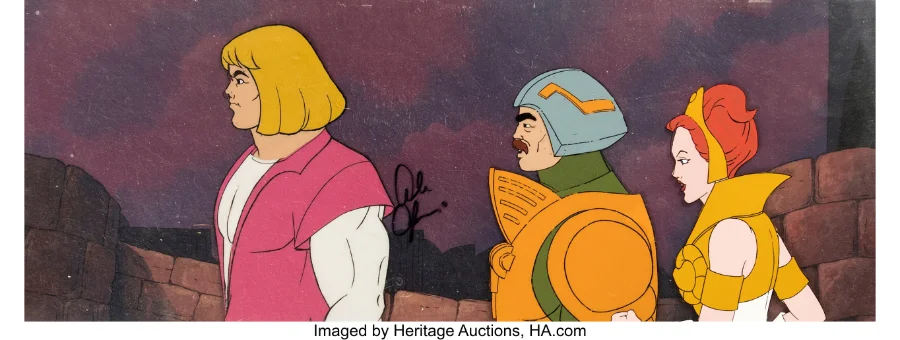 Prince Adam Teela and Man-At-Arms stock pan production cel