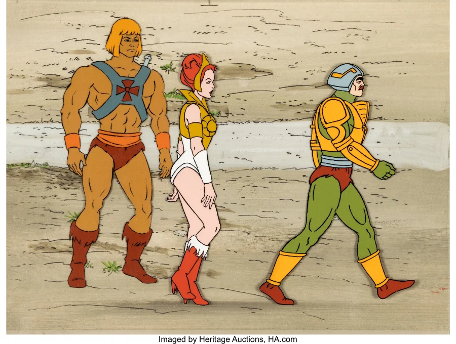 He-Man Teela and Man-At-Arms production cel with master background