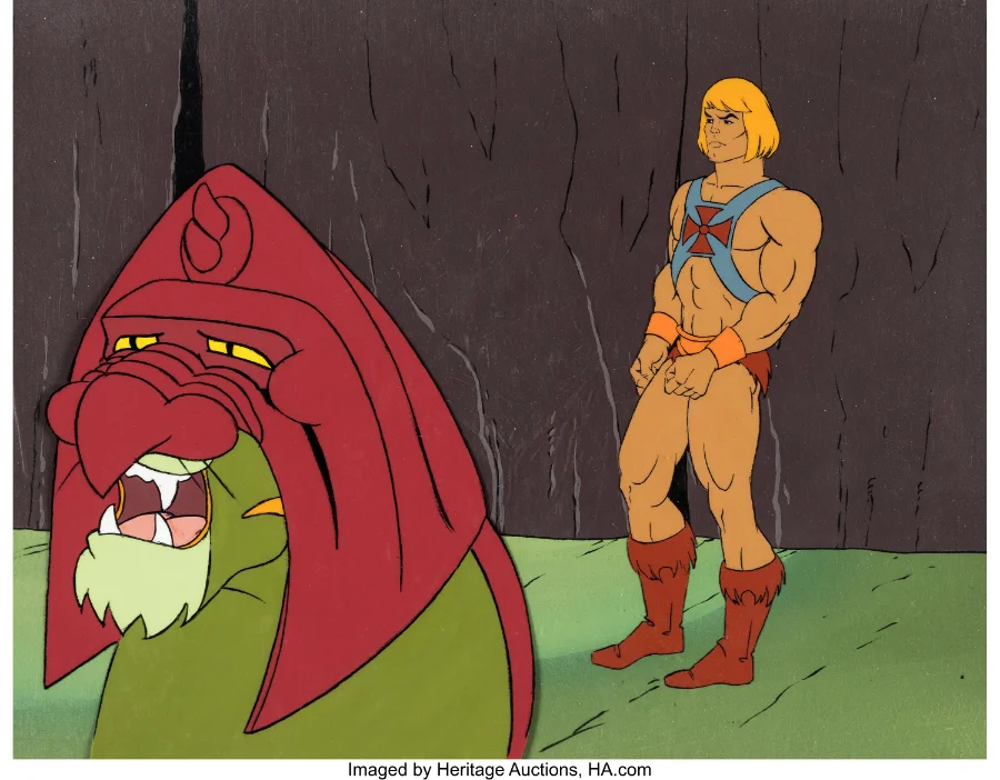 He-Man and Battle Cat production cel with She-Ra crossover background