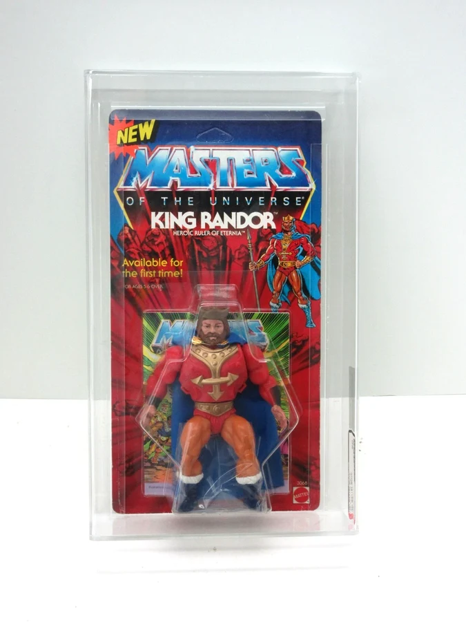 Carded King Randor figure in a clear display case, listed as AFA 80 graded