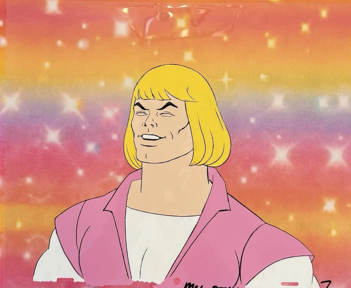 Original Filmation production cel of a laughing Prince Adam against a rainbow starfield background