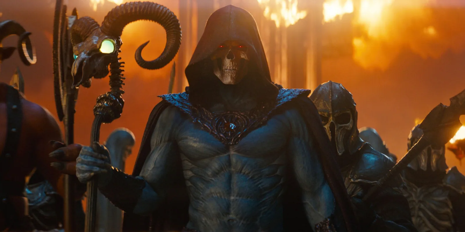 Jared Leto’s Skeletor broods on the throne of Snake Mountain.