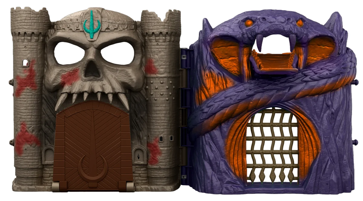 Castle Grayskull and Snake Mountain exteriors folded open side by side