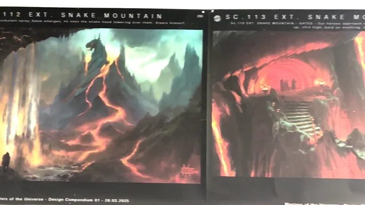 Two boards from the Design Compendium: the mountain exterior in green sulphur light, and SC.113 EXT looking up the gate staircase.