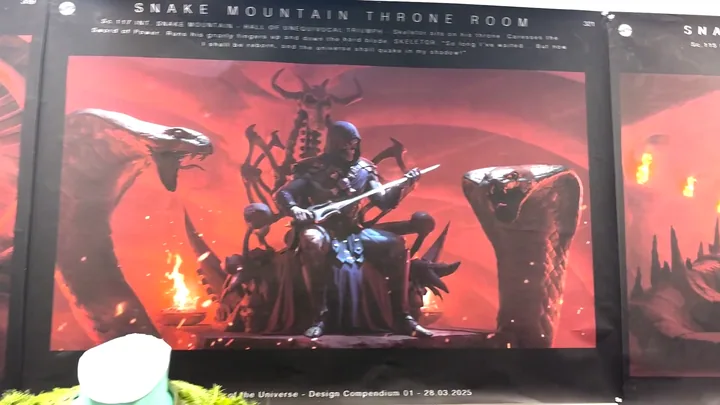 Skeletor enthroned between two enormous serpent heads, the whole board in red.