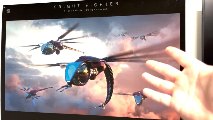 The first piece of art Pixel Dan saw on the walk in: a Fright Fighter banking above cloud, blades spinning.
