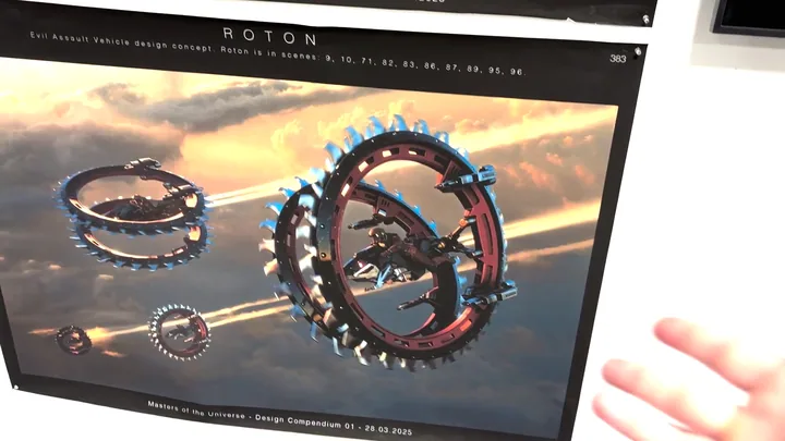 Roton design sheet, the saw-wheel worked out from several angles against an Eternian sunset.