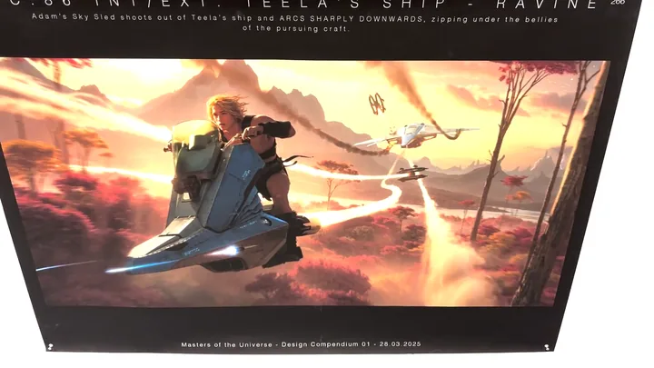 SC.86 INT/EXT, Teela's Ship, Ravine. The Sky Sled off the front of the Battle Ram, two riders low through the canyon.