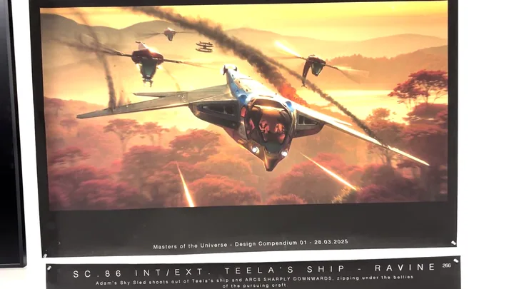 Teela's ship pursued by Fright Fighters across the ravine, tracer fire trailing behind.