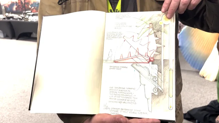 Dyas's own sketchbook opened to a map of Eternia, routes and distances annotated in red. This is the drawing that fixes the cartoon's geography.