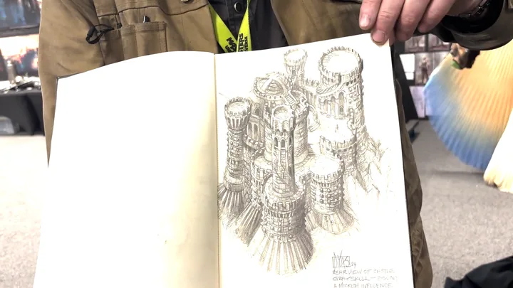 Elevation of the tower cluster in fine pen, drawn as a dense vertical mass.
