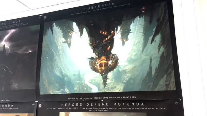 Board marked Subterania: the rotunda suspended in a vast cavern, lit from below.