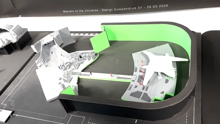White card model on the Design Compendium base: the curved track, the green screen wall, the ship form in the centre.