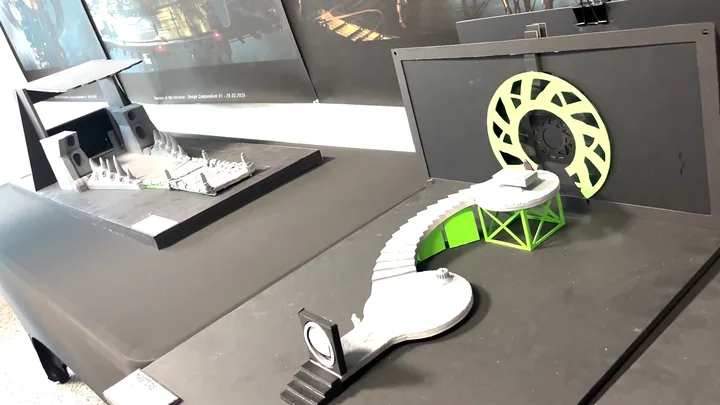 The ramp and portal wheel assembly, with the stepped platform model behind it.