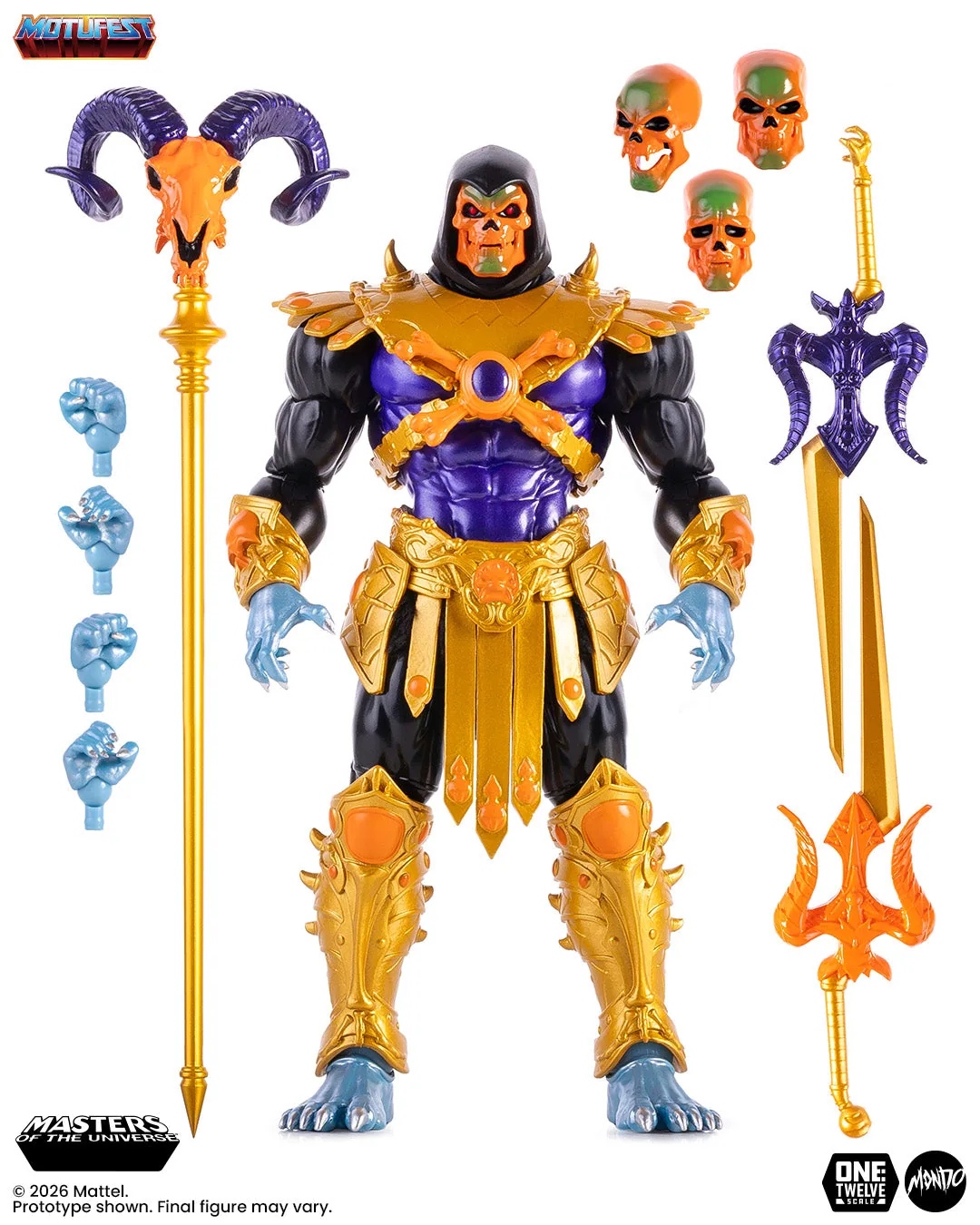 The full parts layout on white: the figure in its gold armour, four loose orange and green skull portraits, four pale blue hands, the gold Havoc Staff with its purple ram horns, and the sword pieces in orange and purple.