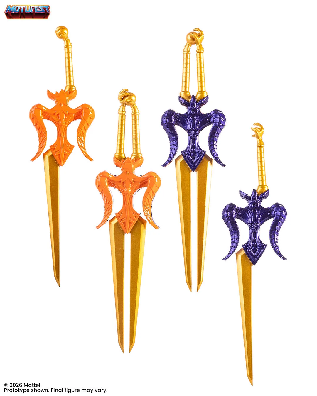The four sword pieces on white. Two orange and two purple, and in each colour one has a single blade and one has two parallel blades on a forked hilt.