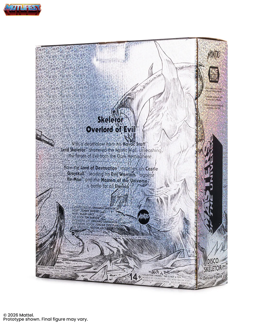 The back of the Disco Skeletor box, a silver foil panel with line art of Castle Grayskull, carrying the Overlord of Evil bio and the full credit list.