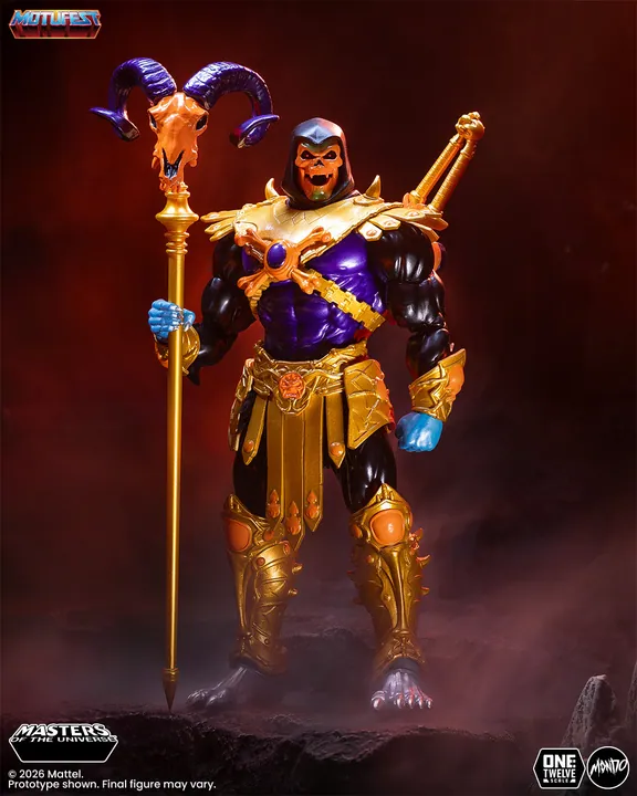 Disco Skeletor at full height with the Havoc Staff in his right hand and a single bladed sword in his left, lit against a purple and red haze.