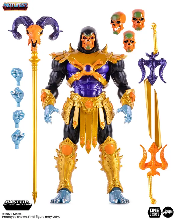 The full parts layout on white: the figure, four loose skull portraits, four pale blue hands, the Havoc Staff, and the sword pieces in orange and purple.