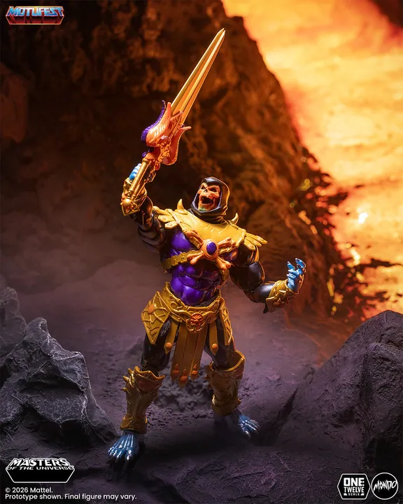 Skeletor with the sword raised overhead on a rock ledge, lit from below by a lava flow.