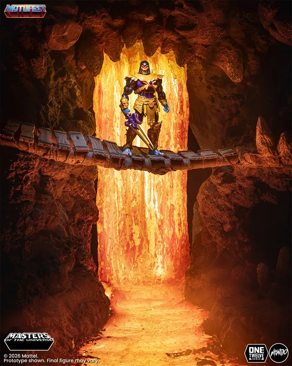 The widest shot in the set: the figure crossing a rope bridge in a cave mouth, with a lava fall behind him.