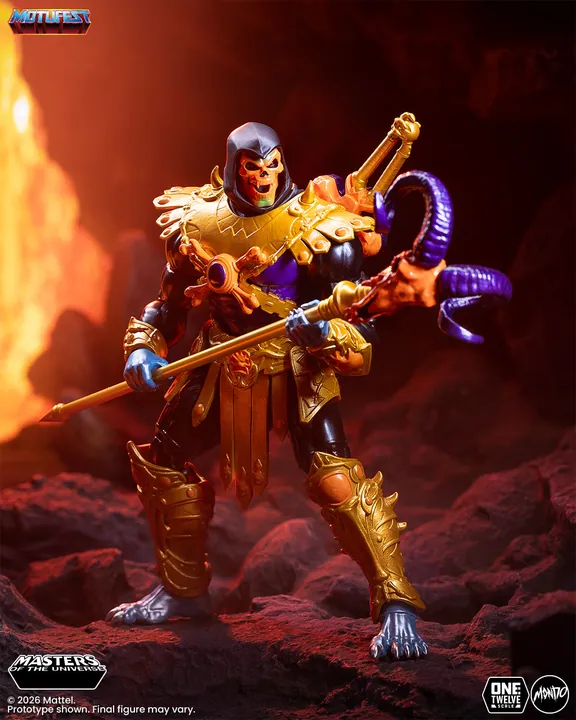 Skeletor holding the double bladed sword across his body in a cave lit orange.