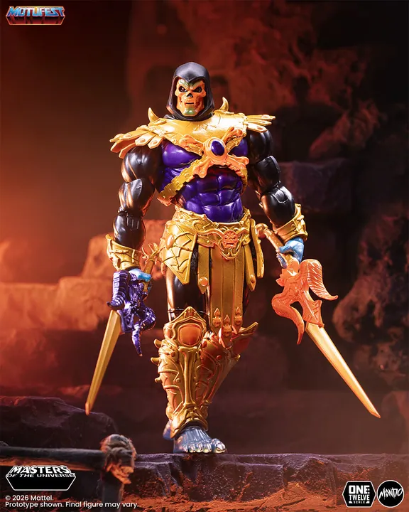 A low crouch with both swords out, the orange blade in one hand and the purple in the other.