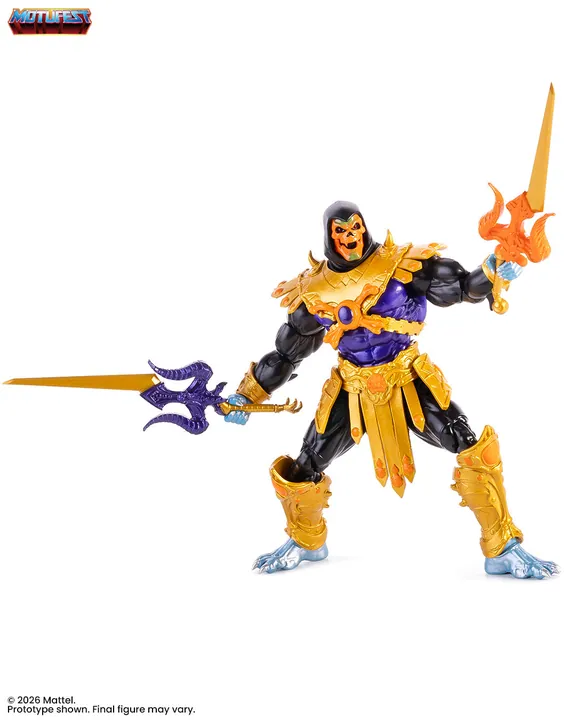 An action stance against white, one sword high and one low.