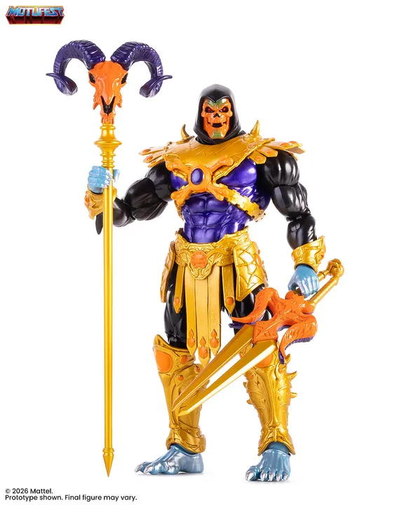 Against white with the Havoc Staff upright and a sword held at rest across the body.